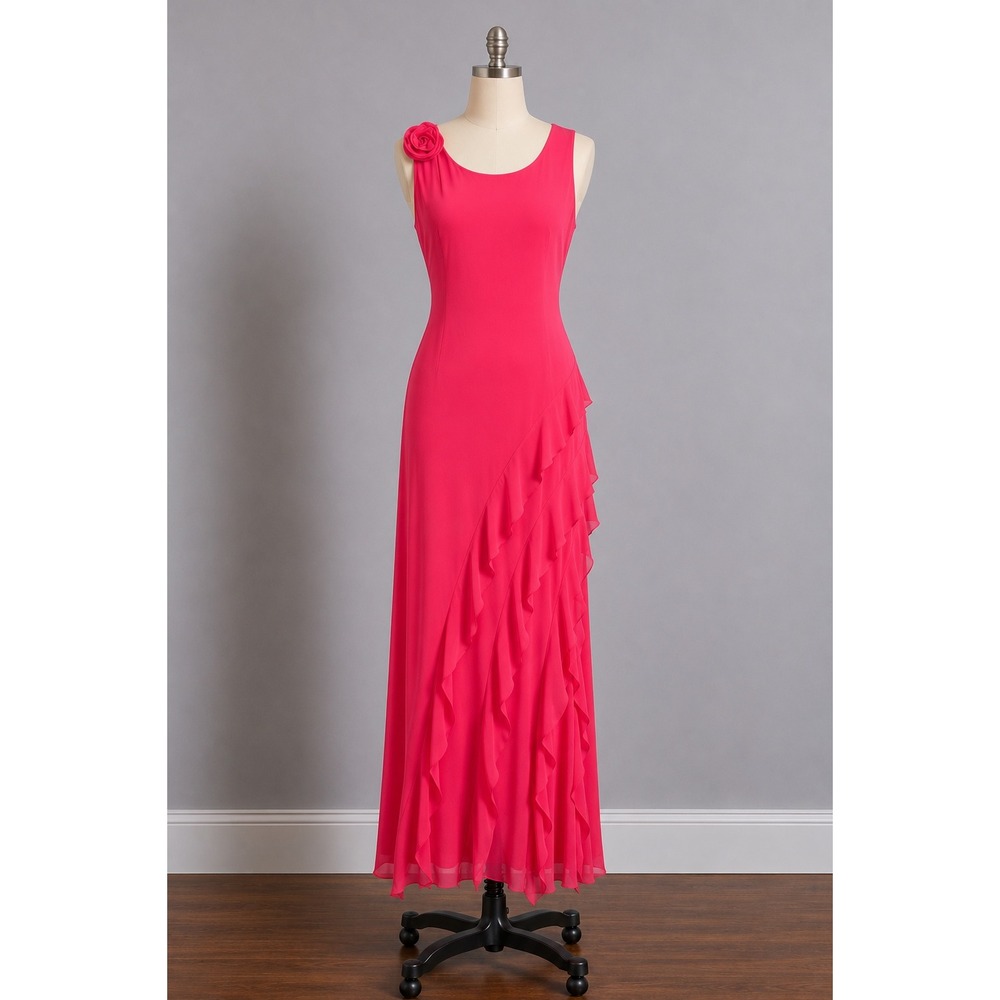 AFRM Rosette Ruffle Mesh Maxi Dress Womens Small Neon Pink Beach‎